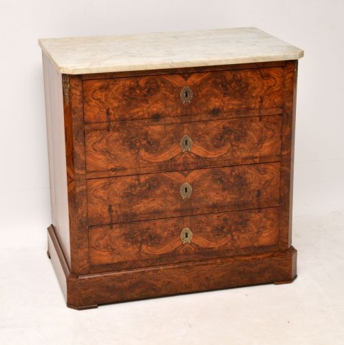 Antique French Burr Walnut Marble Top Commode