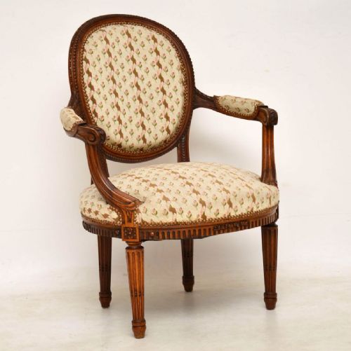 Antique French Carved Walnut Salon Armchair