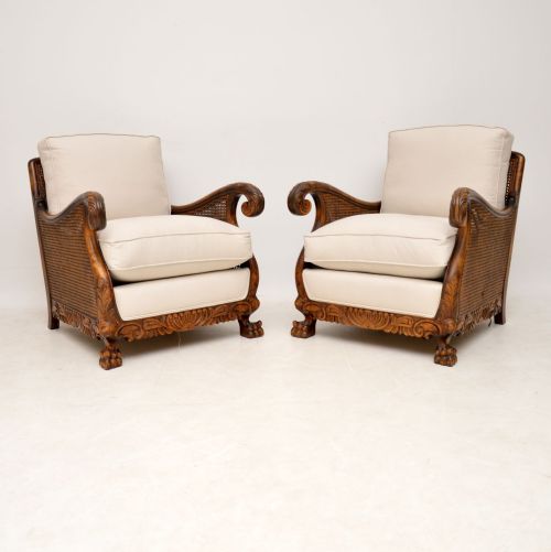 Pair of Antique Swedish Satin Birch Bergere Armchairs