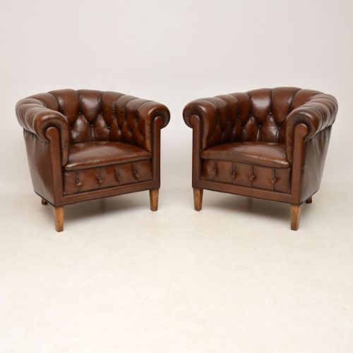 Pair of Antique Swedish Leather Armchairs