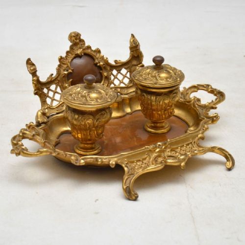 Antique French Gilt Bronze and Walnut Inkwell