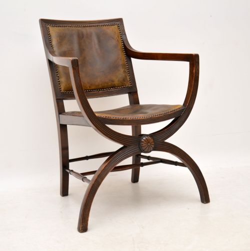 Antique Leather & Mahogany X Frame Armchair