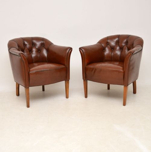 Pair of Antique Swedish Deep Buttoned Leather Armchairs