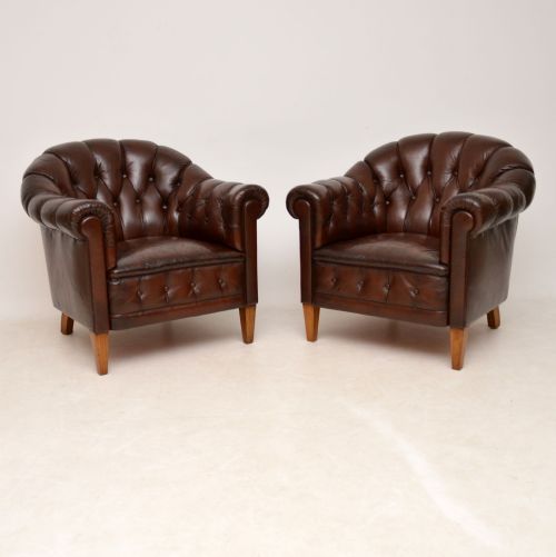 Pair of Antique Swedish Leather Armchairs