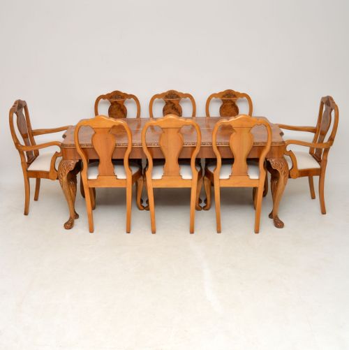 Antique Queen Anne Burr Walnut Dining Table & 8 Chairs