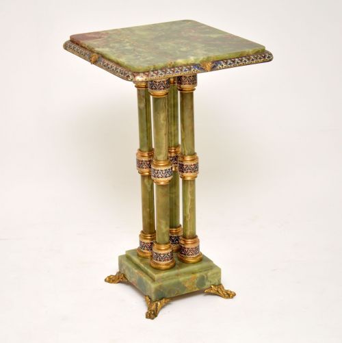 Antique Champlevé & Cloisonné Enamel Mounted Git Bronze Onyx Table Stand