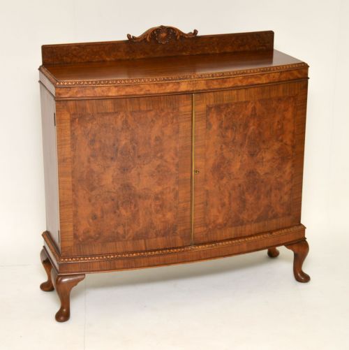 Antique Queen Anne Style Burr Walnut Cabinet Sideboard