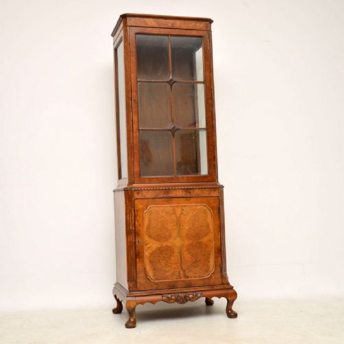 Slim Antique Burr Walnut Display Cabinet