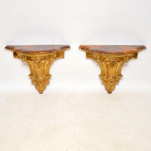 Pair of Antique French Gilt Wood & Marble Wall Mounting Side Tables