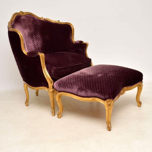 Antique French Carved Gilt Wood Armchair & Stool Set