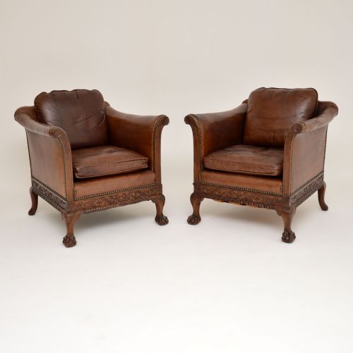 Pair of Antique Swedish Leather & Mahogany Armchairs