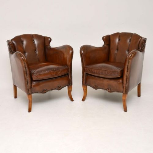 Pair of Stylish Antique Swedish Leather Armchairs