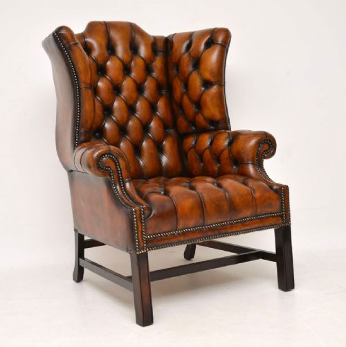 Antique Deep Buttoned Leather Wing Back Armchair