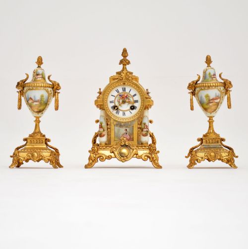 Antique French Porcelain & Gilt Mantel Clock Set