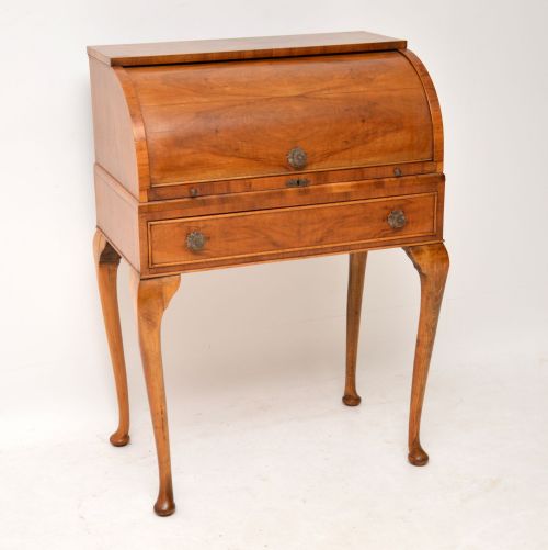 Antique Walnut Queen Anne Style Cylinder Top Writing Bureau