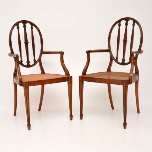 Pair of Antique Satinwood Cane Seated Armchairs