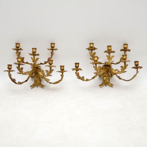 Pair of Antique Gilt Bronze Wall Sconce Candelabra