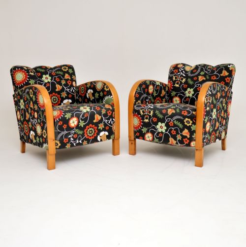 Pair of Swedish Art Deco Satin Birch Armchairs – Fabric by Josef Frank