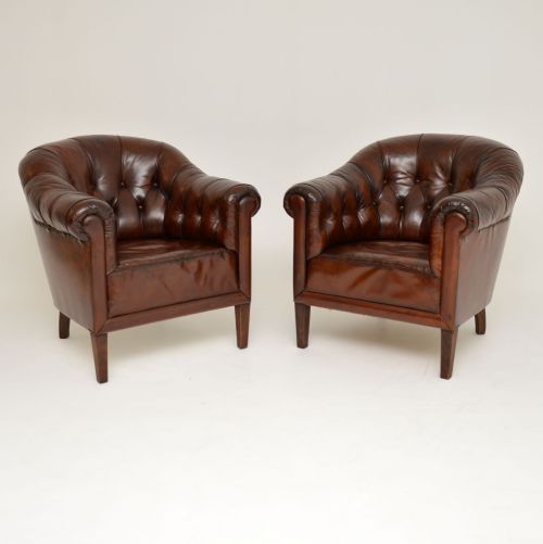 Pair of Antique Swedish Leather Deep Buttoned Armchairs