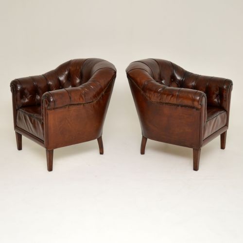 fig 1. Pair of Antique Swedish Leather Deep Buttoned Armchairs