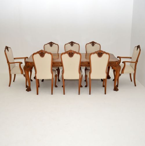 Antique Carved Walnut Queen Anne Dining Table & 8 Chairs