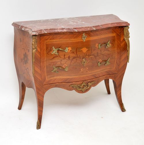 
Antique French Inlaid Marquetry Marble Top Bombe Chest