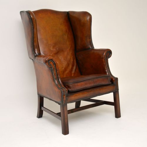 Antique Leather & Mahogany Wing Back Armchair
