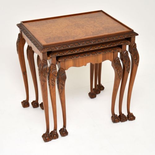 Antique Queen Anne Style Burr Walnut Nest of Three Tables