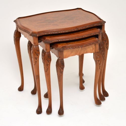 Antique Queen Anne Style Burr Walnut Nest of 3 Tables