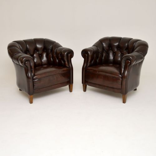 Pair of Antique Swedish Leather Club Armchairs
