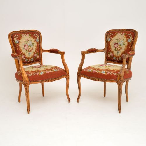 Pair of Antique French Tapestry Salon Armchairs
