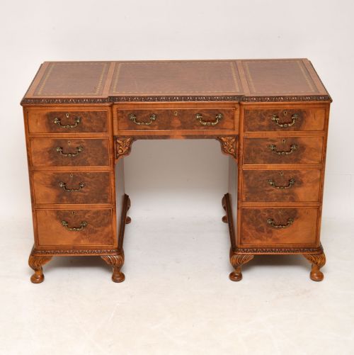 fig 1. Antique Queen Anne Style Burr Walnut Leather Top Desk