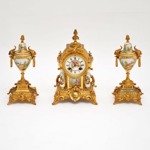 fig 1. Antique French Porcelain & Gilt Mantel Clock Set