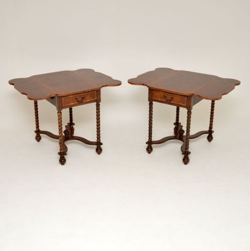 fig 1. Pair of Antique Burr Walnut Drop Leaf Side Tables