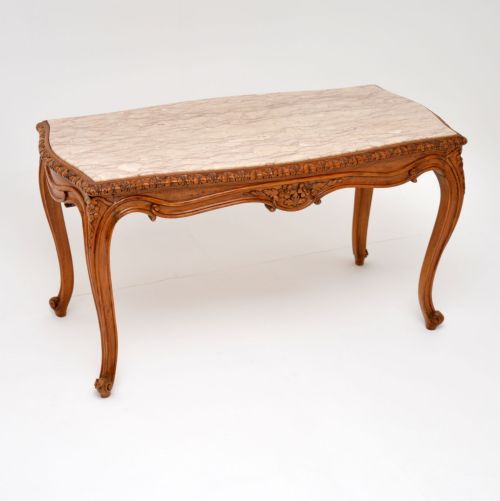 Antique French Carved Walnut & Marble Coffee Table