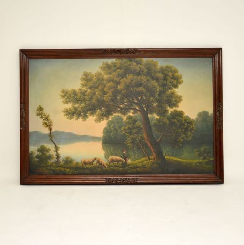 Large Antique Oil Painting in Mahogany Frame