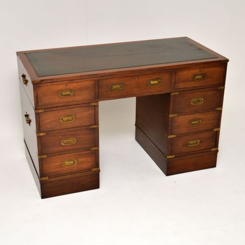 Antique Mahogany Military Campaign Style Leather Top Desk