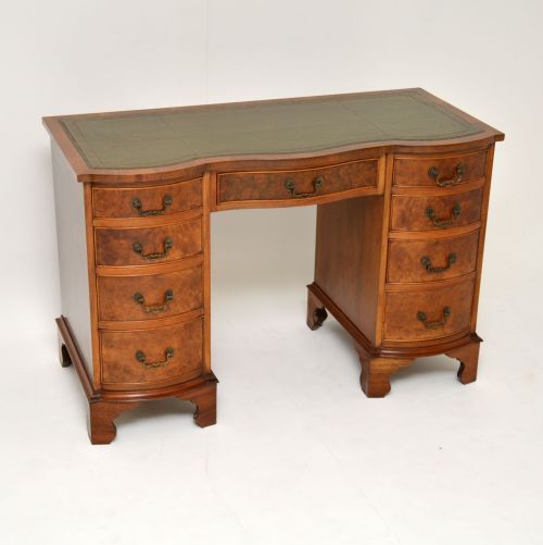 Antique Burr Walnut Leather Top Pedestal Desk