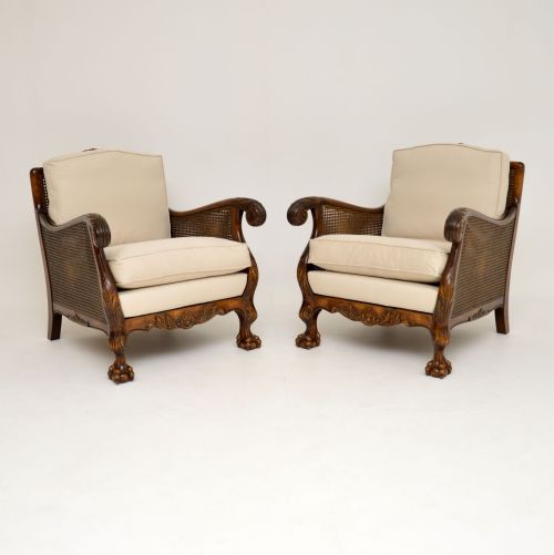 Pair of Antique Swedish Satin Birch Bergere Armchairs

