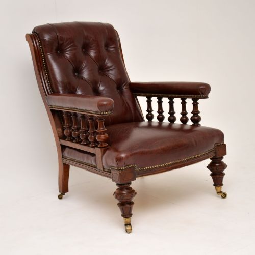 Antique Victorian Leather & Mahogany Armchair
