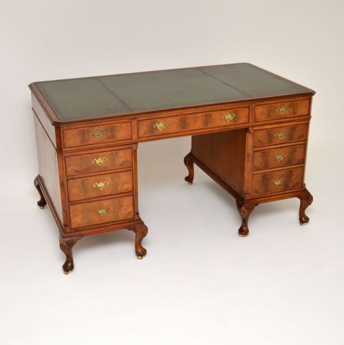 Large Antique Walnut Leather Top Pedestal Desk