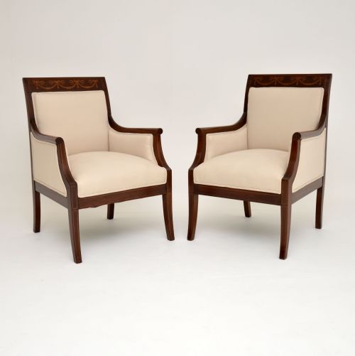 Pair of Antique Swedish Inlaid Mahogany Armchairs