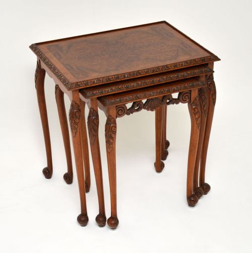 Antique Queen Anne Style Burr Walnut Nest of 3 Tables