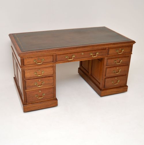 Antique Victorian Solid Walnut Leather Top Pedestal Desk
