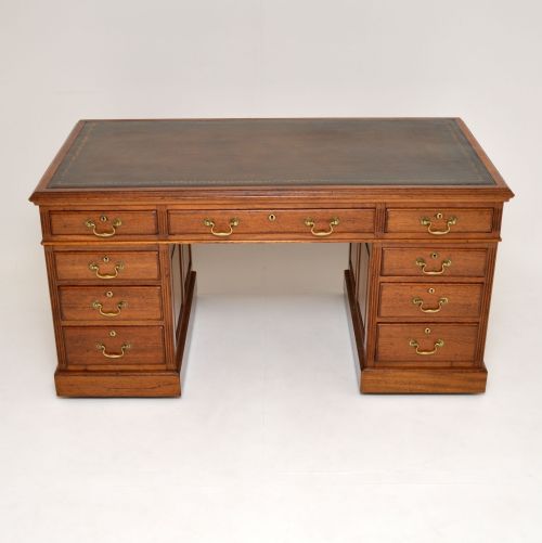 fig 1. Antique Victorian Solid Walnut Leather Top Pedestal Desk
