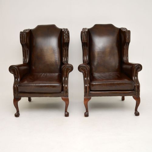 fig 1. Pair of Antique Leather Wing Back Armchairs