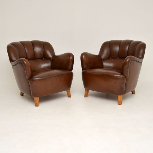 Pair of Antique Swedish Leather Armchairs