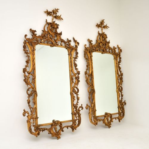 Pair of Large Antique Chippendale Style Gilt Wood Mirrors
