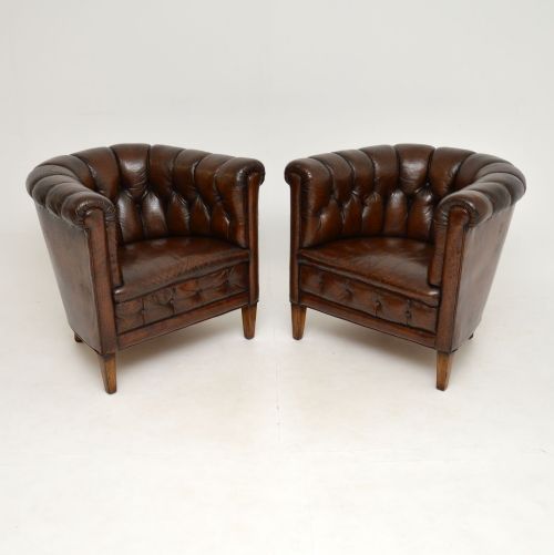 Pair of Antique Swedish Leather Chesterfield Armchairs