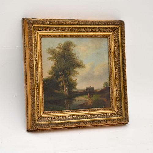 Antique Landscape Oil Painting in Gilt Wood Frame